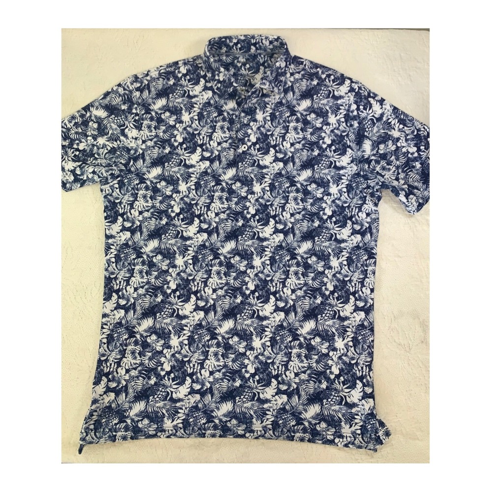 Johnnie-O Mens Blue White Tropical Pineapple Performance Polo Shirt UPF 50 Med